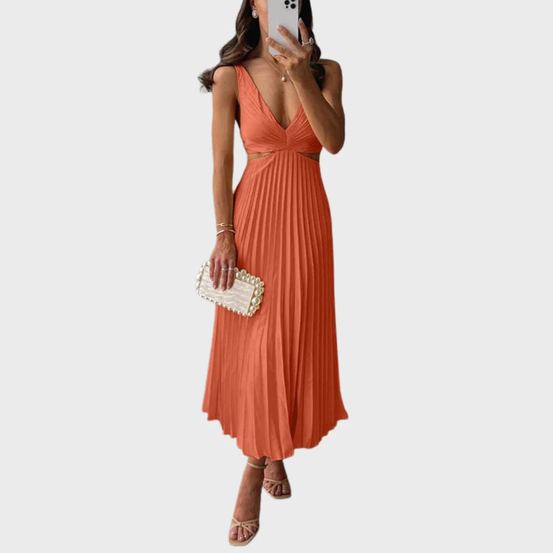 Olga | Vestido Midi em Cetim Plissado