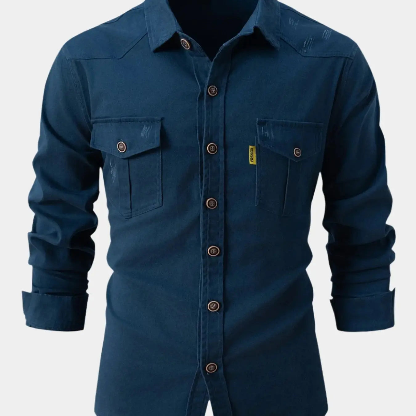 Camisa de Mistura de Denim – Frente com Botões e Ajuste de Manga Rolada