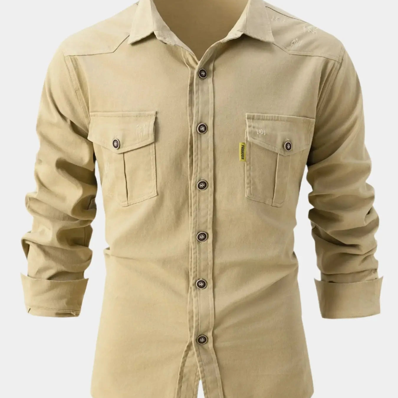 Camisa de Mistura de Denim – Frente com Botões e Ajuste de Manga Rolada