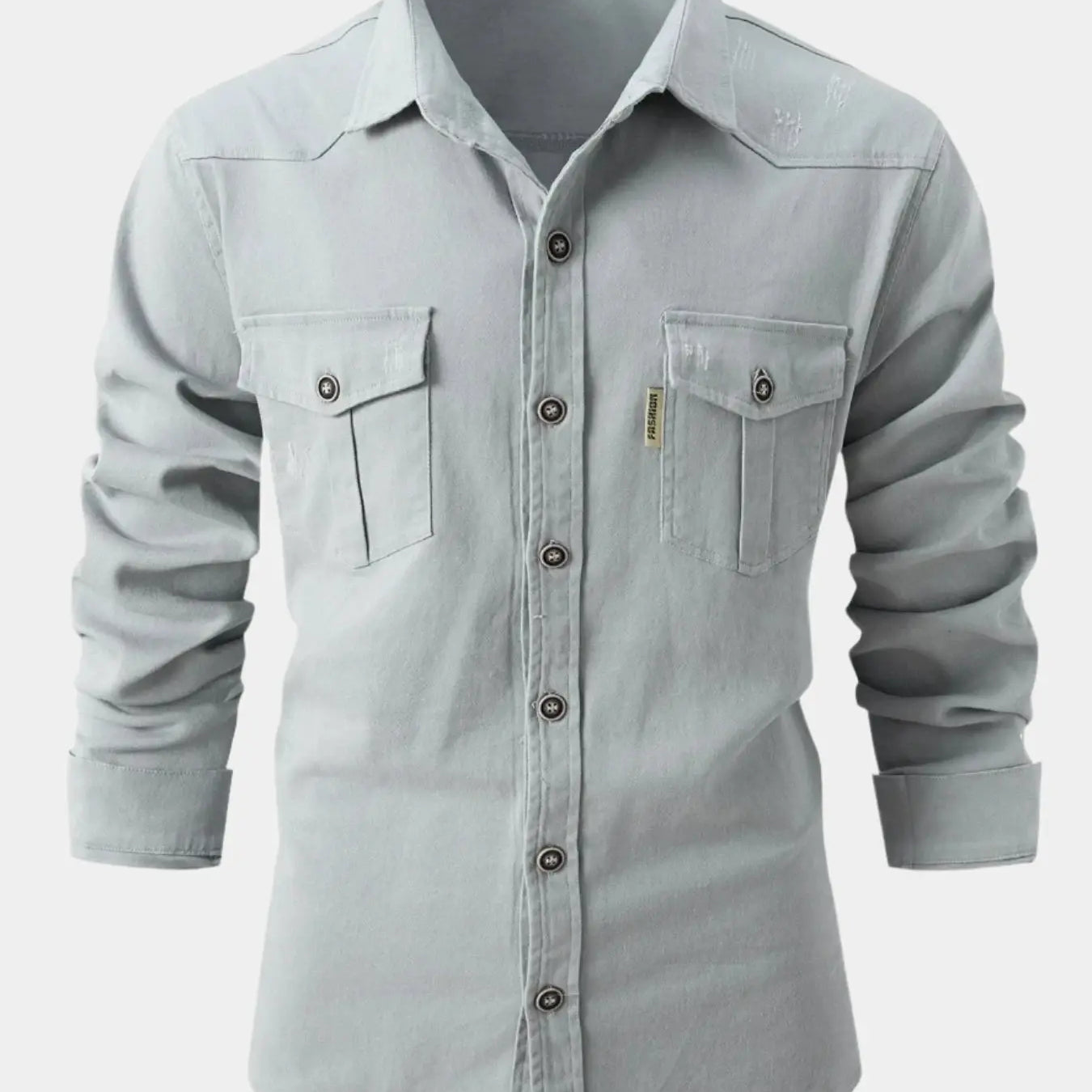 Camisa de Mistura de Denim – Frente com Botões e Ajuste de Manga Rolada