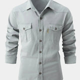 Camisa de Mistura de Denim – Frente com Botões e Ajuste de Manga Rolada