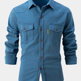 Camisa de Mistura de Denim – Frente com Botões e Ajuste de Manga Rolada