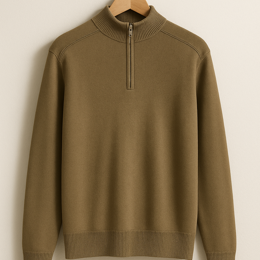 Pullover de Malha - Meio Zíper com Colarinho Alto e Stretch Flexível