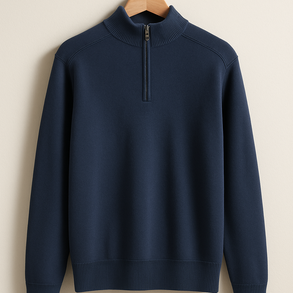 Pullover de Malha - Meio Zíper com Colarinho Alto e Stretch Flexível