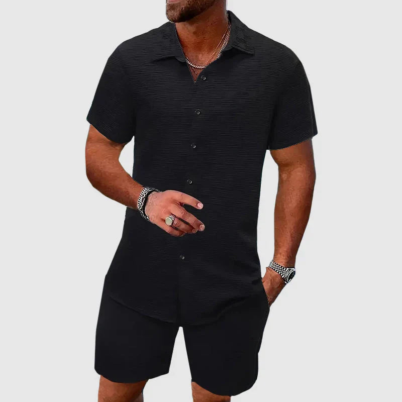 Conjunto de Loungewear - Camisa Texturizada & Calções Relaxados para Conforto