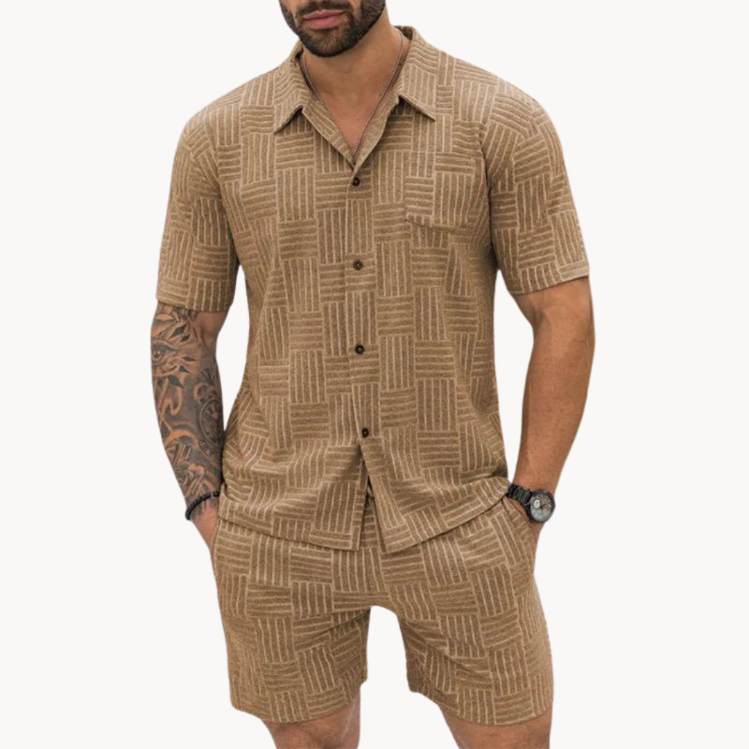 Conjunto de Camisa e Calções – Textura Retro em Malha e Movimento Fácil