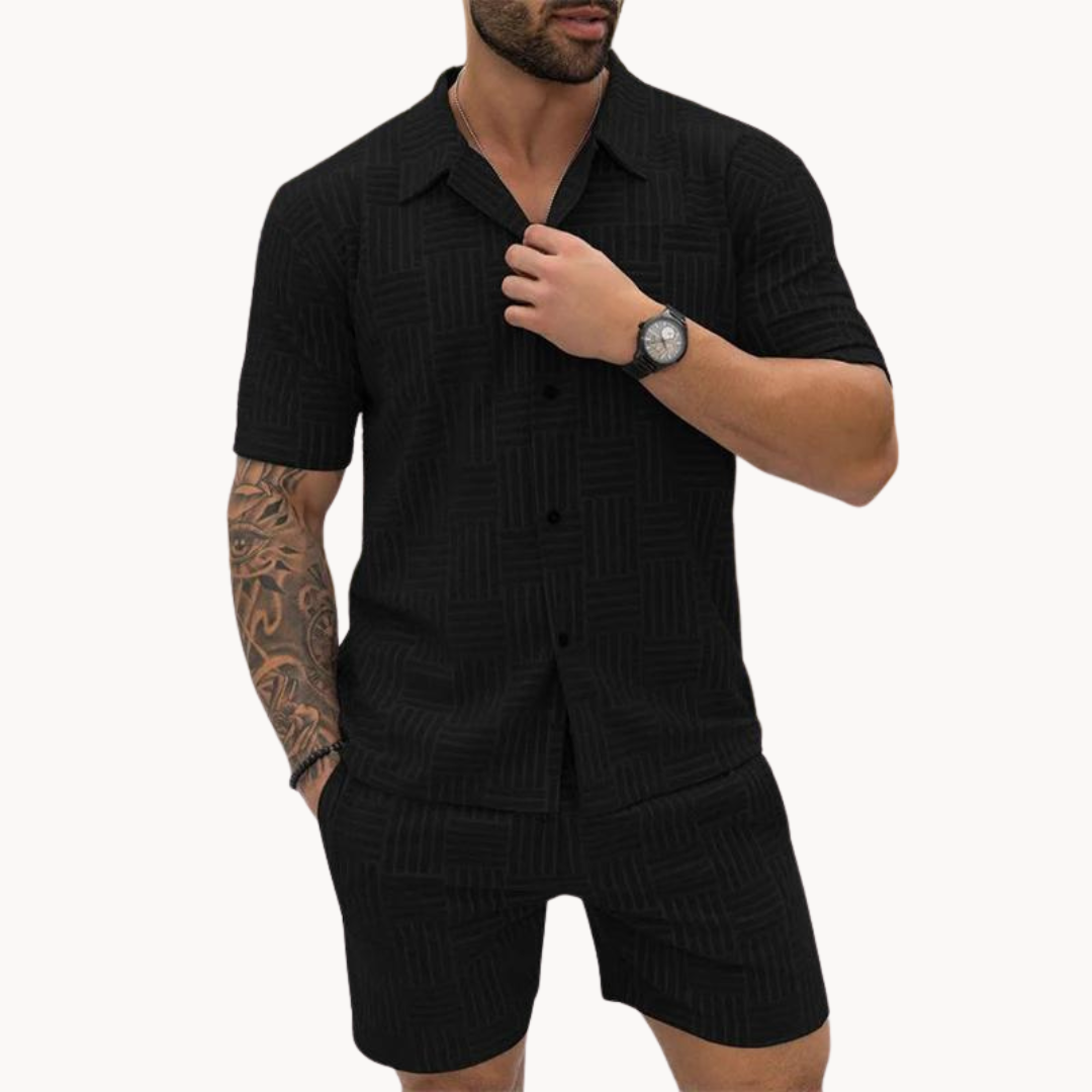 Conjunto de Camisa e Calções – Textura Retro em Malha e Movimento Fácil