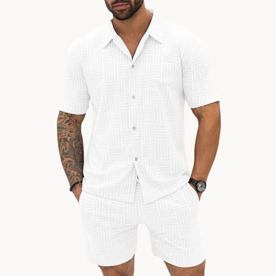 Conjunto de Camisa e Calções – Textura Retro em Malha e Movimento Fácil