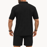 Conjunto de Camisa e Calções – Textura Retro em Malha e Movimento Fácil