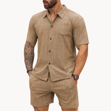 Conjunto de Camisa e Calções – Textura Retro em Malha e Movimento Fácil