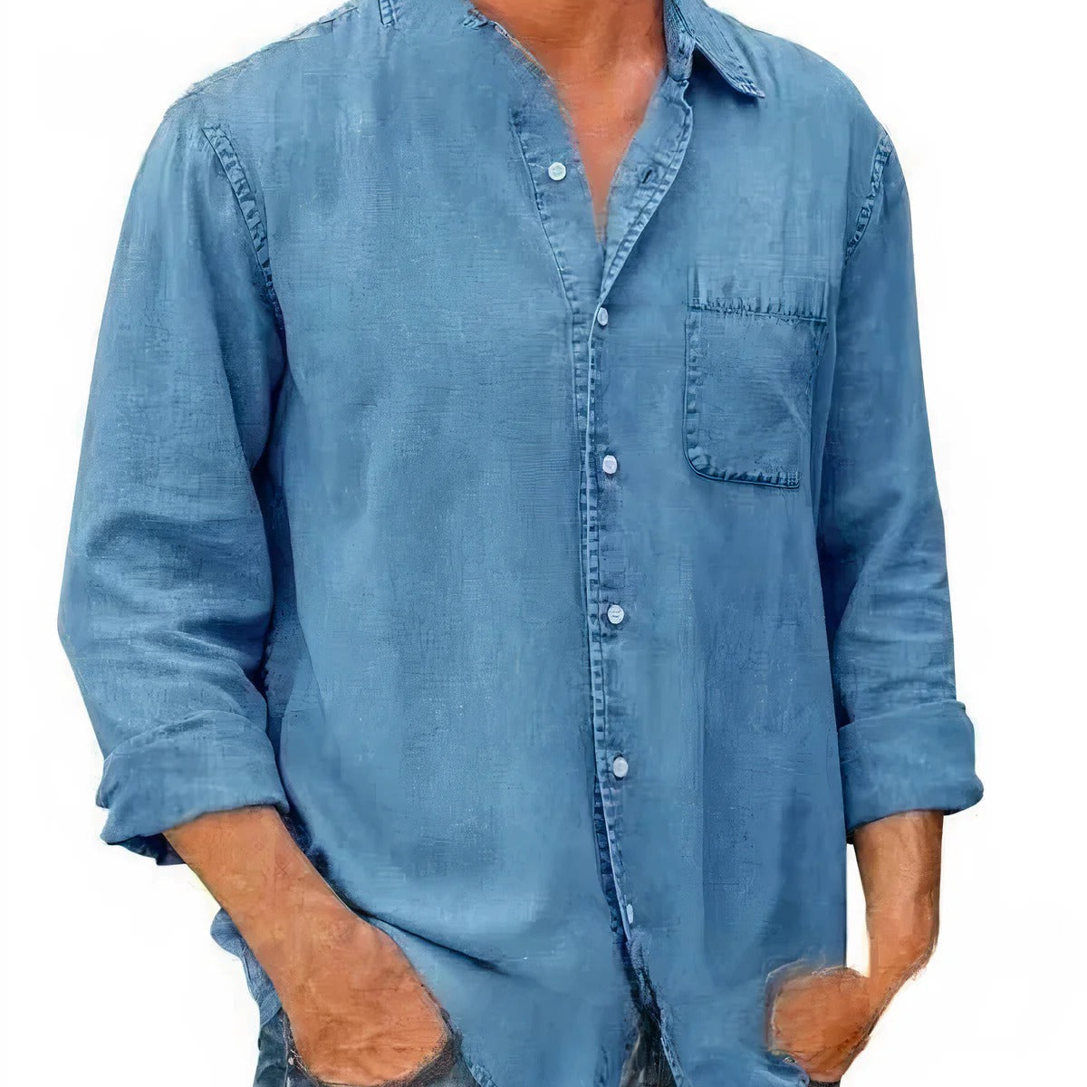 Camisa - Mistura de Denim em Forma Longa com Frente de Botões