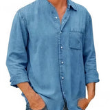 Camisa - Mistura de Denim em Forma Longa com Frente de Botões
