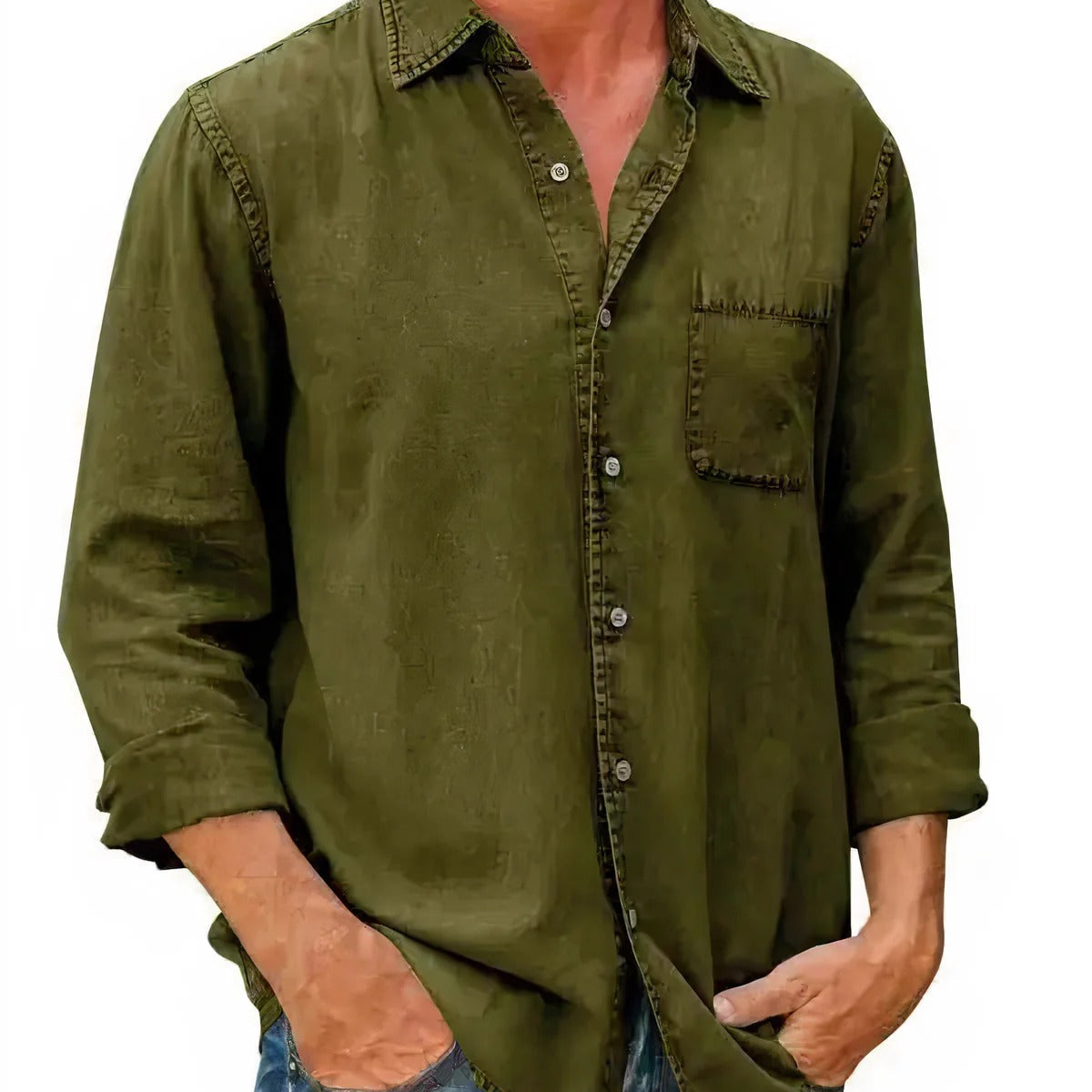 Camisa - Mistura de Denim em Forma Longa com Frente de Botões
