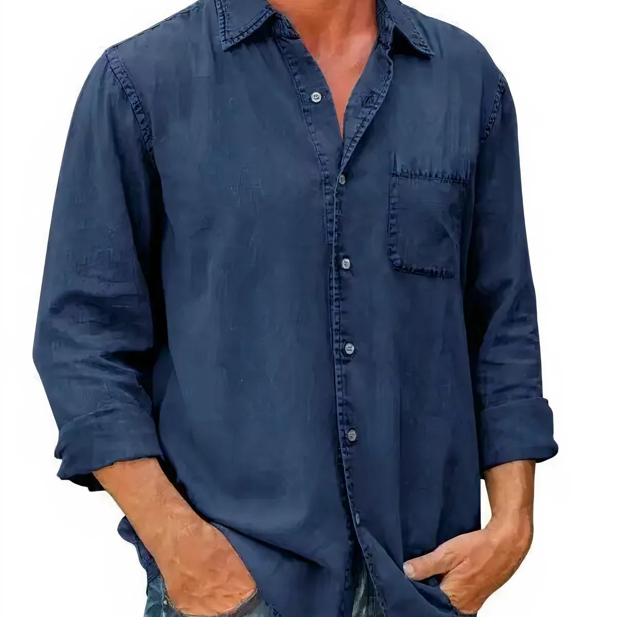 Camisa - Mistura de Denim em Forma Longa com Frente de Botões