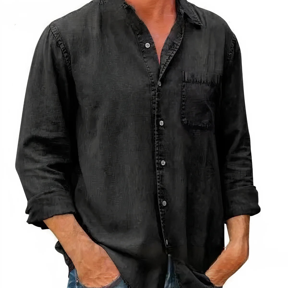 Camisa - Mistura de Denim em Forma Longa com Frente de Botões