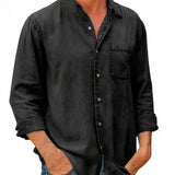 Camisa - Mistura de Denim em Forma Longa com Frente de Botões