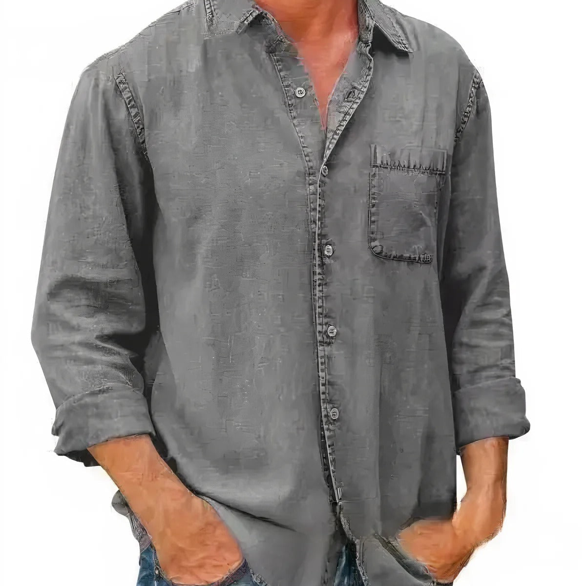 Camisa - Mistura de Denim em Forma Longa com Frente de Botões
