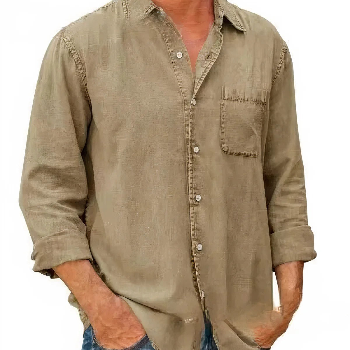 Camisa - Mistura de Denim em Forma Longa com Frente de Botões