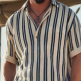 Camisa - Colarinho de Lapela e Manga Curta Listrada Respirável