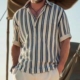 Camisa - Colarinho de Lapela e Manga Curta Listrada Respirável
