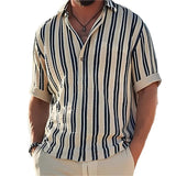 Camisa - Colarinho de Lapela e Manga Curta Listrada Respirável