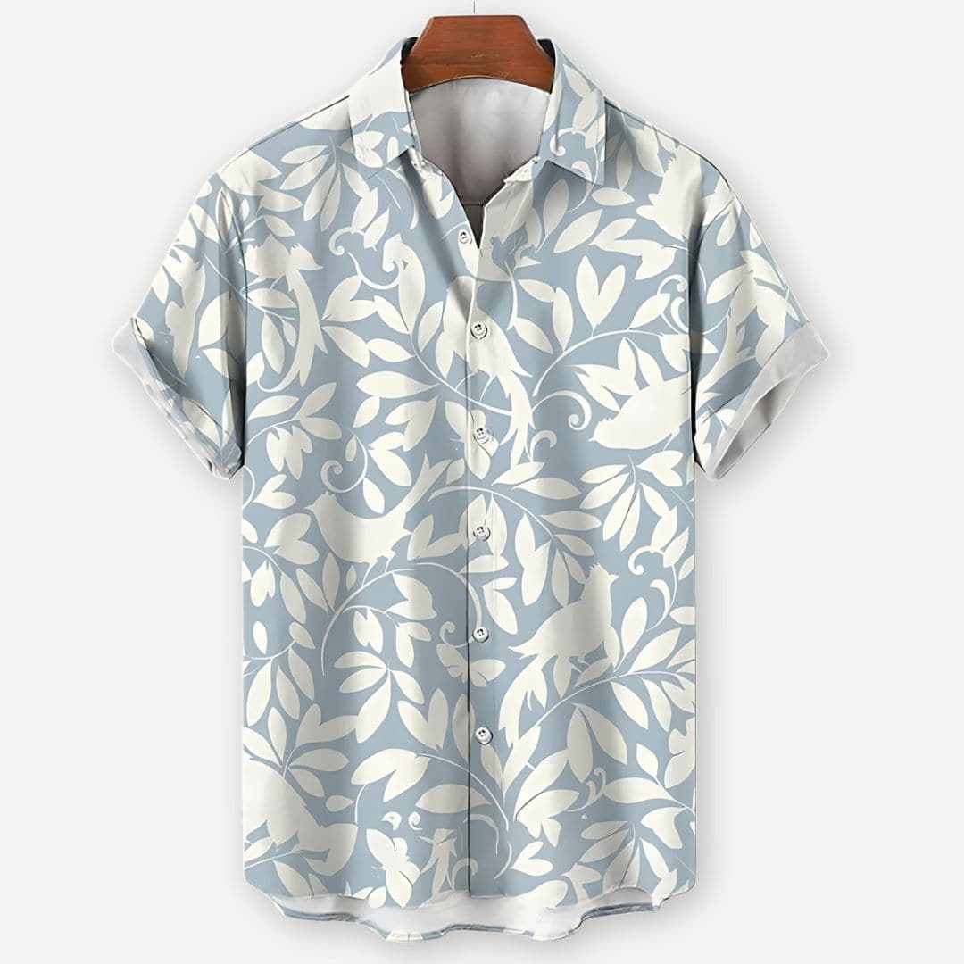 Camisa de Manga Curta – Estampa de Folhas e Mistura de Ar Respirável